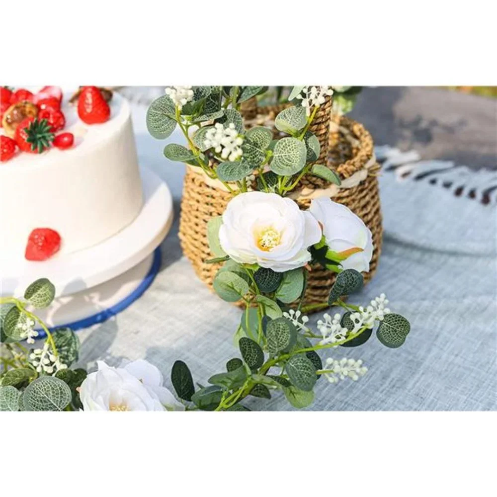 2 Pack 13Ft Artificial Eucalyptus Flower Garland with Fake Rose (White)